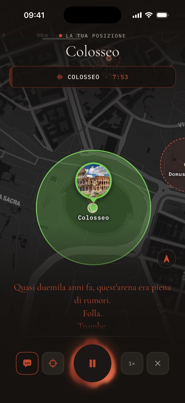 Ulisse a piedi: il Colosseo evidenziato in verde mentre parte la sua storia
